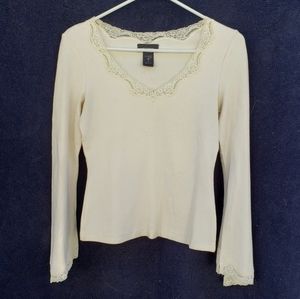 3/$15 Lace trimmed v-neck cream bell sleeve top